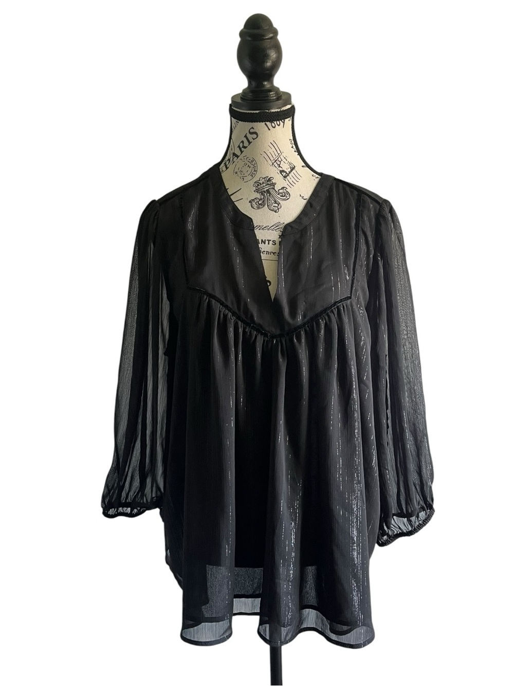 Reitmans Sheer Black Babydoll Blouse Empire Waist Goth Balloon Sleeves Shimmer